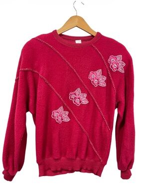 Vintage 80’s Floral Appliqué Raspberry Pink Crewneck Sweater